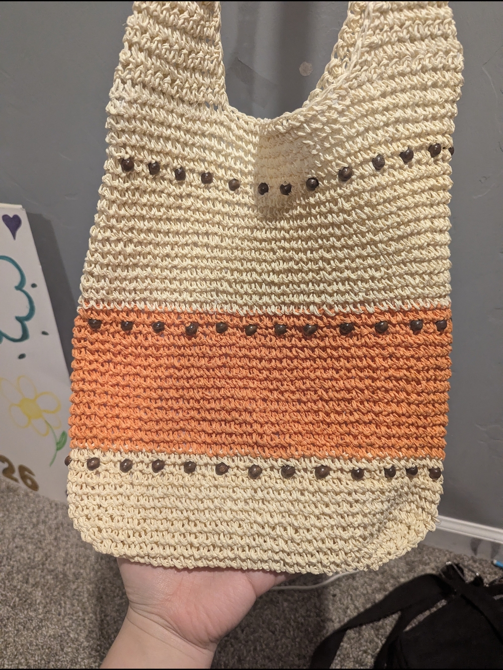Handwoven Cream and Orange Crochet Shoulder Bag